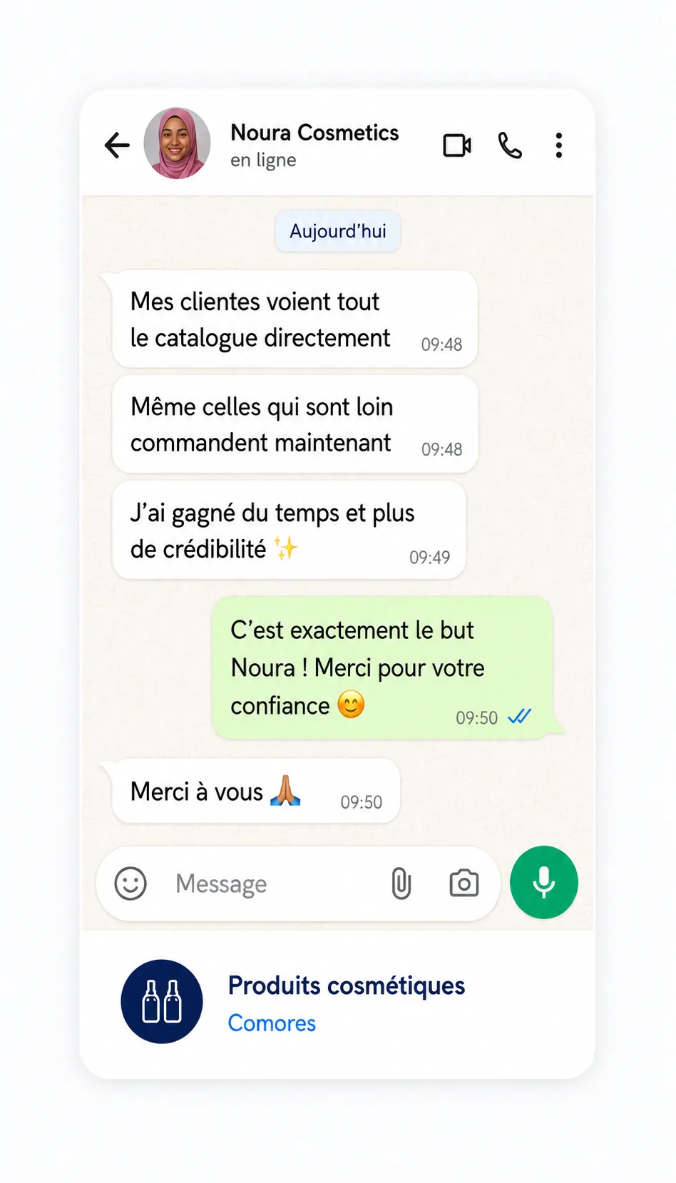 Discussion WhatsApp montrant les retours positifs d'un commerçant sur la réactivité de l'équipe et la clarté du site